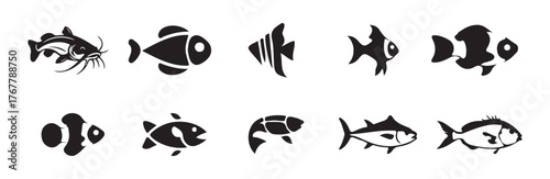 Fish logo icon set, different kinds of fish silhouette, ocean symbol or logo, fish vector designs, vector Illustration eps 10.