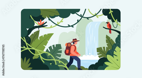 Adventurous hiker with backpack exploring a lush jungle environment.