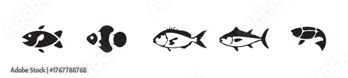 Fish logo icon set, different kinds of fish silhouette, ocean symbol or logo, fish vector designs, vector Illustration eps 10.