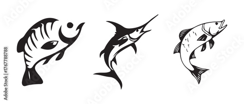 Fish logo icon set, different kinds of fish silhouette, ocean symbol or logo, fish vector designs, vector Illustration eps 10.