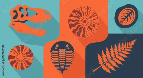 Ancient Fossil Collection with Dinosaur Skull and Prehistoric Organisms.