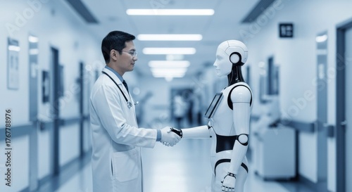 An Asian medical doctor in a white coat shakes hands with an advanced humanoid AI robot in a futuristic hospital, representing the future of healthcare and technology.