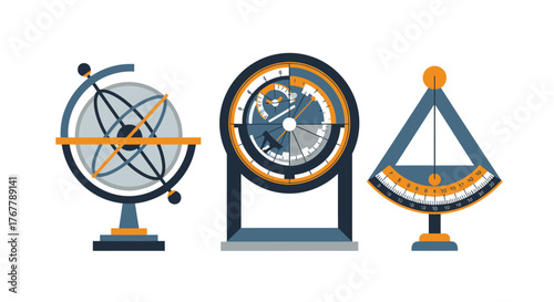 Antique Navigational Instruments - Globe, Armillary Sphere, and Octant.