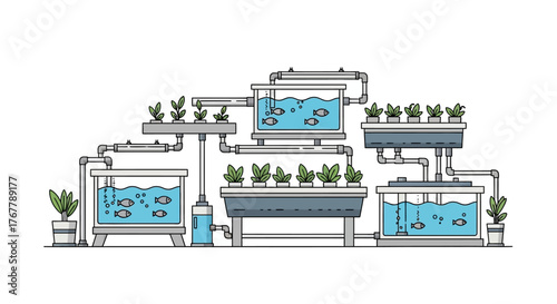 Aquaponics system illustration showing plants and fish tanks in a complex setup.