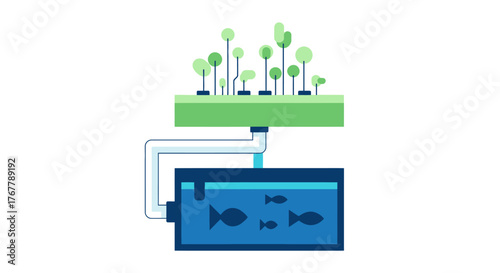 Aquaponics system with fish tank and growing plants illustration.
