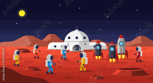 Astronauts and rockets on Mars with a futuristic base.