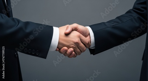 A professional partnership is sealed with a firm handshake between two businessmen in formal dark suits on a plain grey background.
