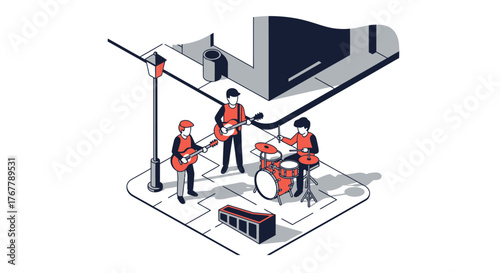 Band performing music on a city street corner with instruments and drums.