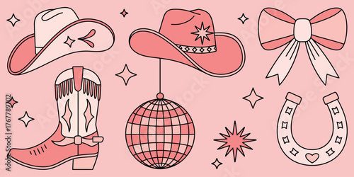pink cowgirl disco vector elements featuring hand-drawn icons of hat, boots, disco ball, horseshoe, and cocktail for girly design, party print, and social media projects