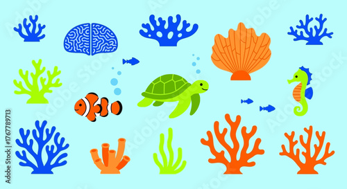 Brain and Sea Creatures Underwater Scene.