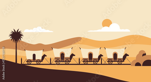 Camel caravan with covered wagons in a desert landscape.