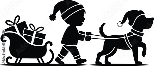 Child with dog pulling sleigh full of christmas presents holiday silhouette