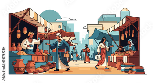 Bustling Marketplace Scene with Merchants and Customers.