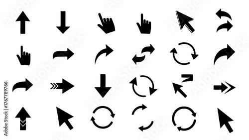 Set of black arrow icons simple cursor and direction symbols vector design elements for user interface and navigation