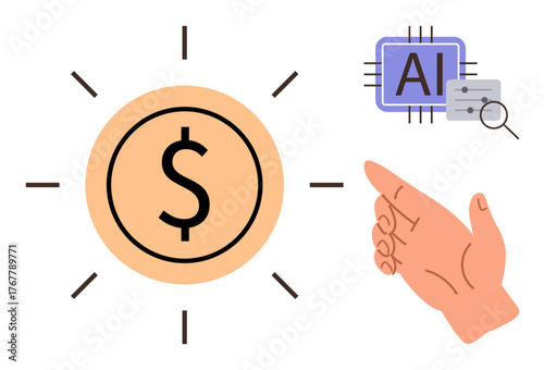 Dollar sign emitting light signifying growth, AI chip connected to magnifying glass, hand pointing forward. Ideal for innovation, finance, progress, data analysis, economy, decision-making simple