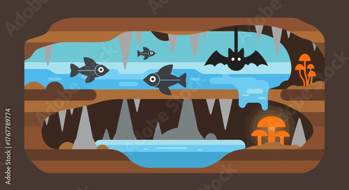 Cartoon Cave Ecosystem with Fish, Bat, and Mushrooms Illustration.
