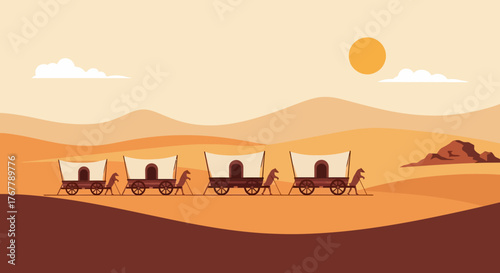caravan of camels and wagons traveling through a desert landscape.