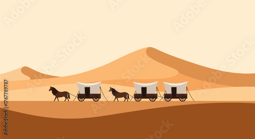 Caravan of Covered Wagons Traversing a Desert Landscape.