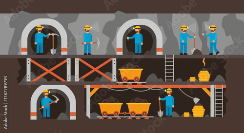 Cartoon Miners Working in a Coal Mine Illustration.
