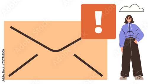 Oversized envelope with attention alert sign, casually dressed woman, small cloud overhead. Ideal for communication, notification, email, attention, urgency organization technology. Simple flat