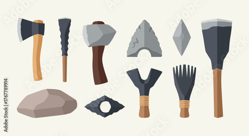 Collection of ancient tools and weapons for prehistoric survival and crafting.