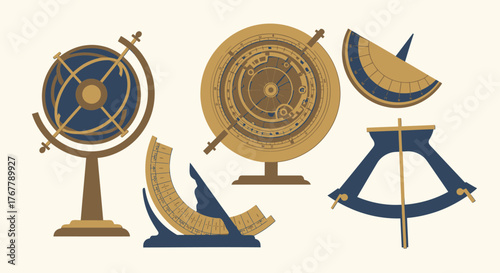 Collection of antique astronomical instruments and navigational tools.