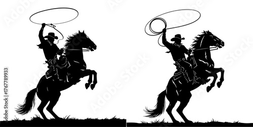 Two cowboys on horseback throwing lasso, a symbol of the wild west