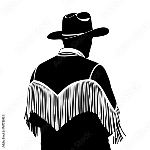 Silhouette of a cowboy with fringe jacket, back view, western style fashion