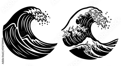 Two stylized ocean waves in black and white, perfect for logos and designs