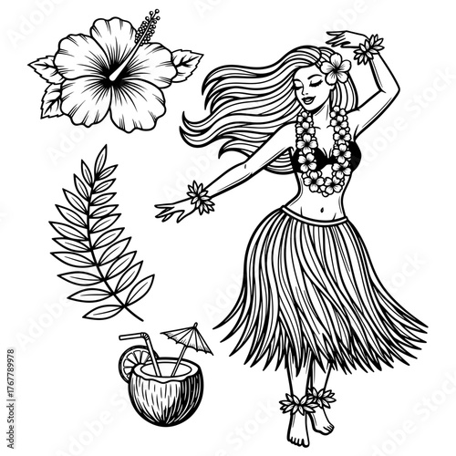 Hawaiian hula dancer with hibiscus flower, a traditional polynesian dance form