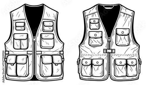 Illustration of two fishing vests with multiple pockets, perfect for outdoor activities