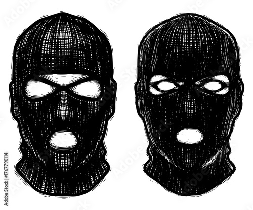 Two balaclava masks in black and white, one with eye holes and one without