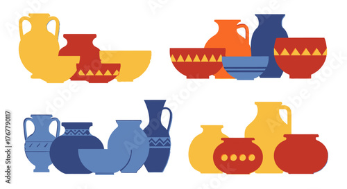 Collection of colorful ancient pottery and ceramic vessels.