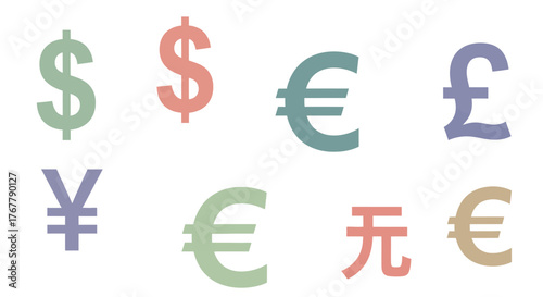 Collection of colorful currency symbols representing global finance and economics.