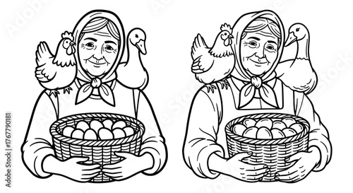 Two grandmothers with chicken and goose holding basket of eggs in sketch style