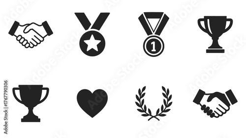 Fair Play Icons — general sportsmanship symbols in black and white handshake, medal, trophy, heart, laurel wreath