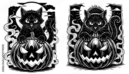 Two spooky black cats sitting on carved pumpkins in halloween night