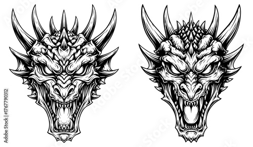 Two dragon heads, hand drawn engraving style illustration of fantasy creature