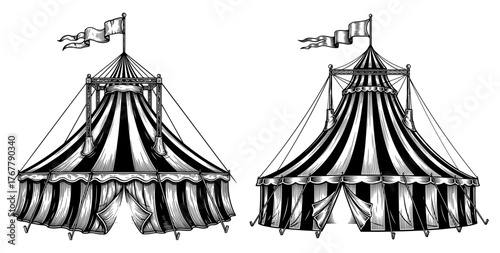 Two vintage circus tents with flags in black and white style