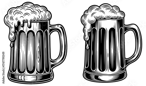 Two beer mugs with overflowing foam, showcasing a refreshing and classic design