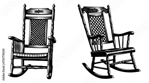 Illustration of two rocking chairs, perfect for vintage or rusticthemed designs and crafts