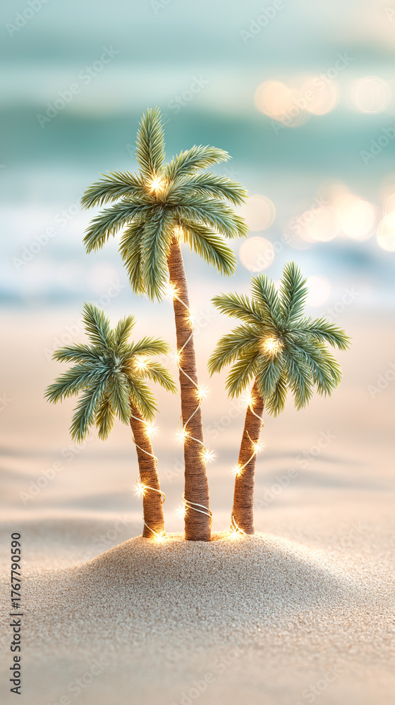 Obraz premium Palm trees decorated with Christmas balls and garlands on sandy beach. Concept of New Year holidays and travel vacation