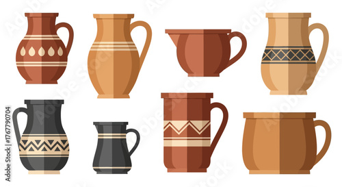 Collection of Decorative Ceramic Pitchers and Mugs with Traditional Patterns.