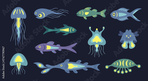Collection of diverse deep sea creatures and fish in a dark blue background.