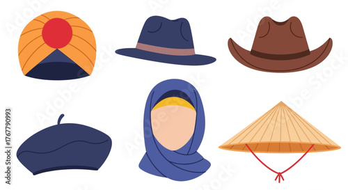 Collection of diverse hats representing various cultures and styles.