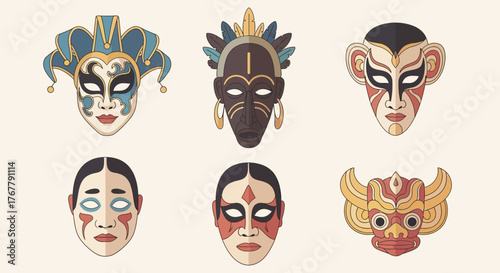 Collection of Diverse Tribal Masks - Cultural Art and Symbolic Representations.