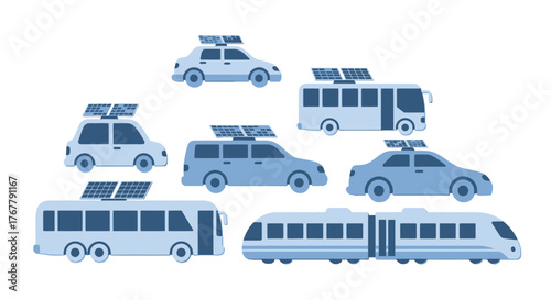 Collection of eco friendly vehicles with rooftop solar panels.