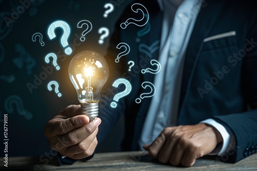Businessman holding glowing lightbulb and question mark with copy space for creative thinking idea and problem solving concept.