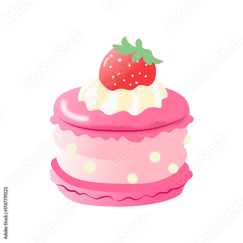 Strawberry Macaron Vector | Cute Kawaii Dessert Clipart with Cream and Strawberry Topping, Pink Pastel French Cookie Illustration
