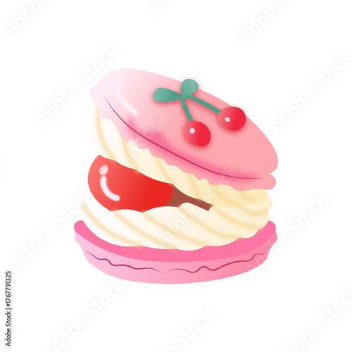 Cherry Macaron Vector | Cute Kawaii Dessert Clipart, Pink Pastel French Cookie Illustration with Cherry and Cream Filling
